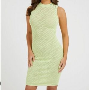 Guess Paula Women's Green Ribbed Knitted Sheath Midi Fitted Coquette Dress Sz M